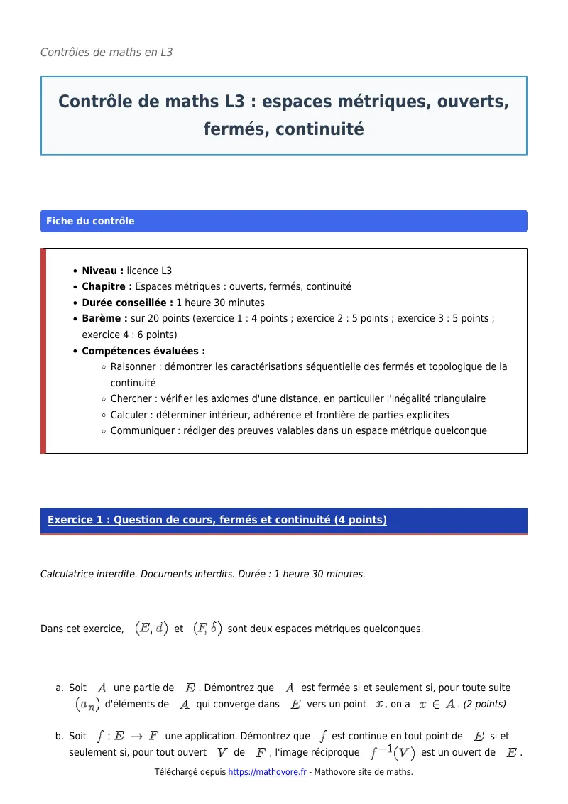 Contrôle de maths en L3 : Espaces métriques, ouverts, fermés, continuité à télécharger corrigé en PDF