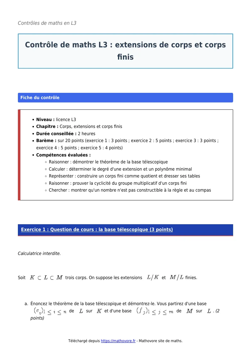 Contrôle de maths en L3 : Extensions de corps et corps finis corrigé en PDF
