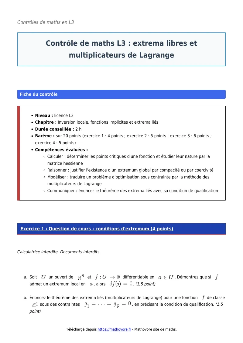 Contrôle de maths en L3 : Extrema libres et multiplicateurs de Lagrange corrigé en PDF