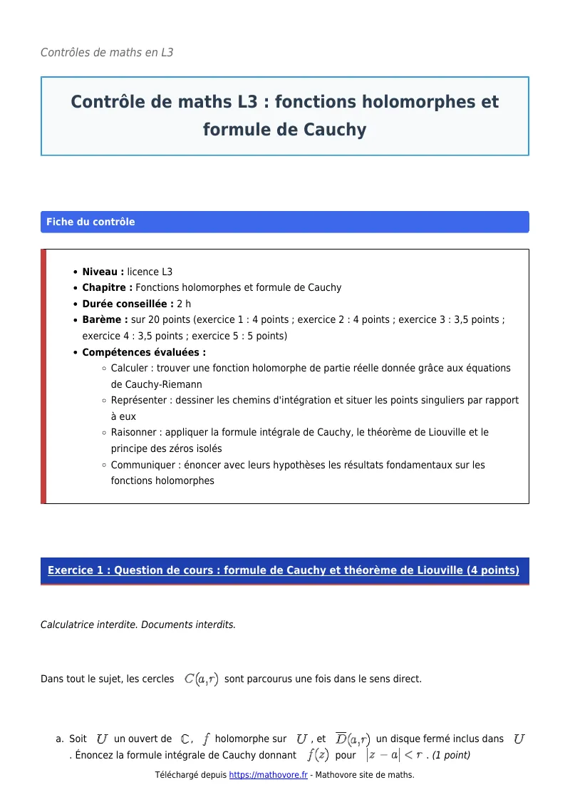 Contrôle de maths en L3 : Fonctions holomorphes et formule de Cauchy corrigé en PDF
