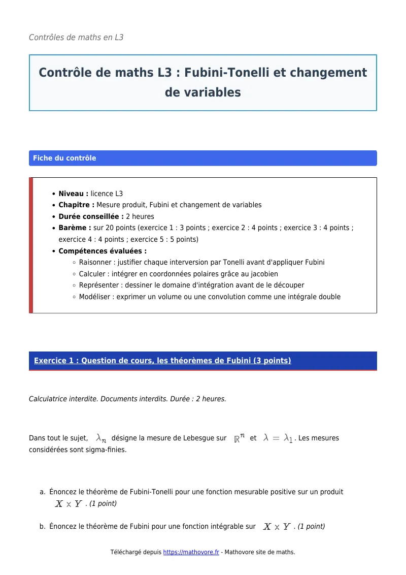Contrôle de maths en L3 : Fubini-Tonelli et changement de variables corrigé en PDF