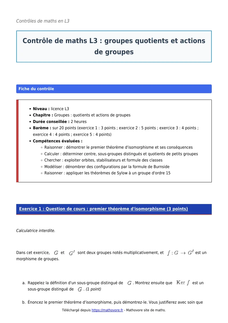 Contrôle de maths en L3 : Groupes quotients et actions de groupes corrigé en PDF