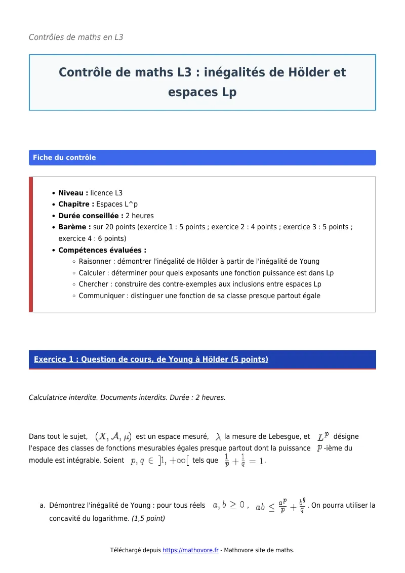 Contrôle de maths en L3 : Inégalités de Hölder et espaces Lp corrigé en PDF
