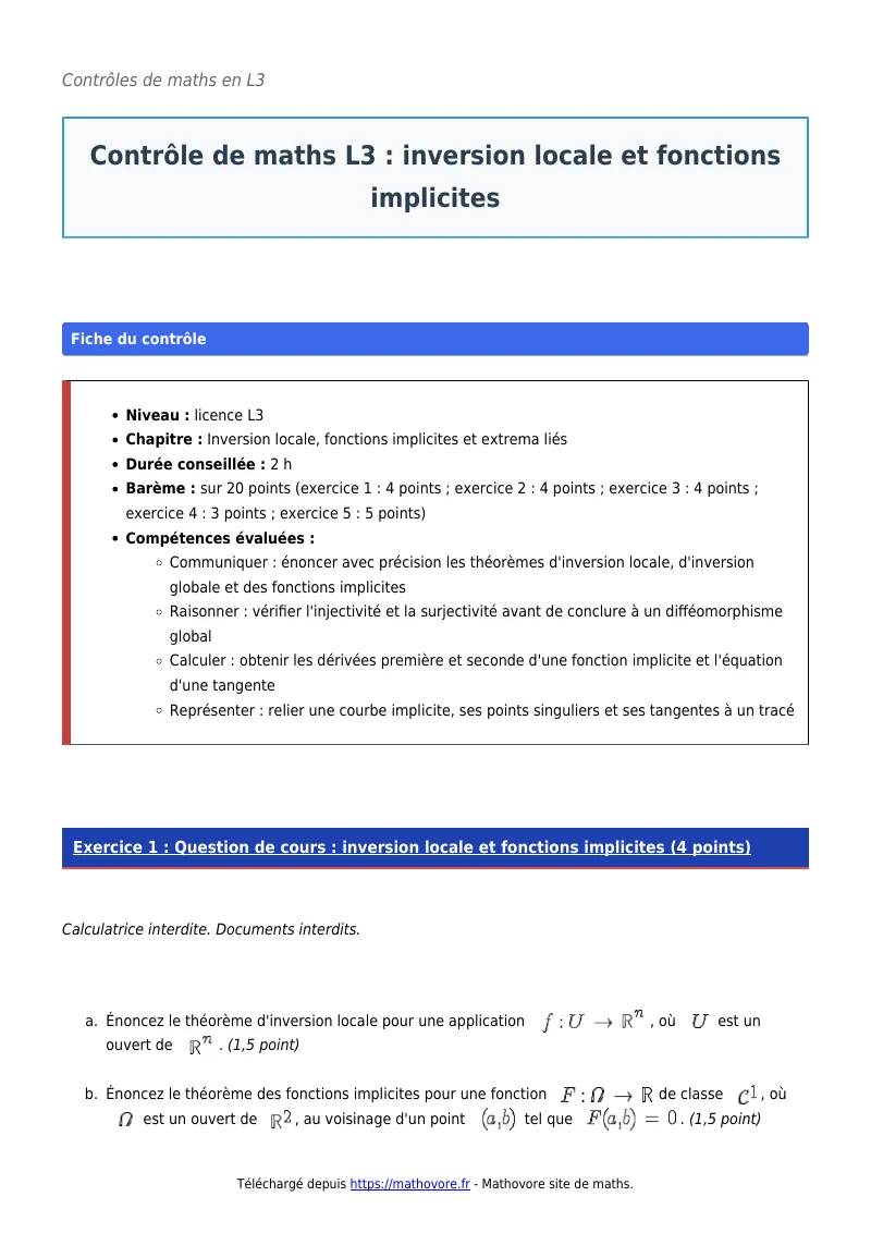 Contrôle de maths en L3 : Inversion locale et fonctions implicites corrigé en PDF