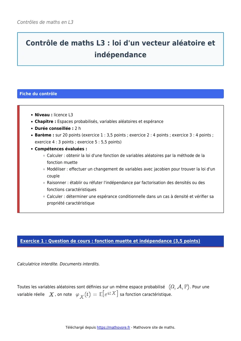 Contrôle de maths en L3 : Loi d’un vecteur aléatoire et indépendance corrigé en PDF