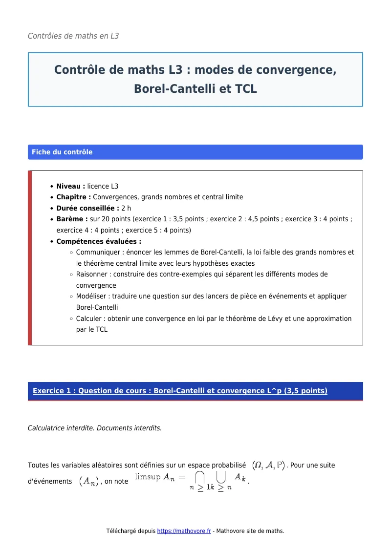 Contrôle de maths en L3 : Modes de convergence, Borel-Cantelli et TCL corrigé en PDF