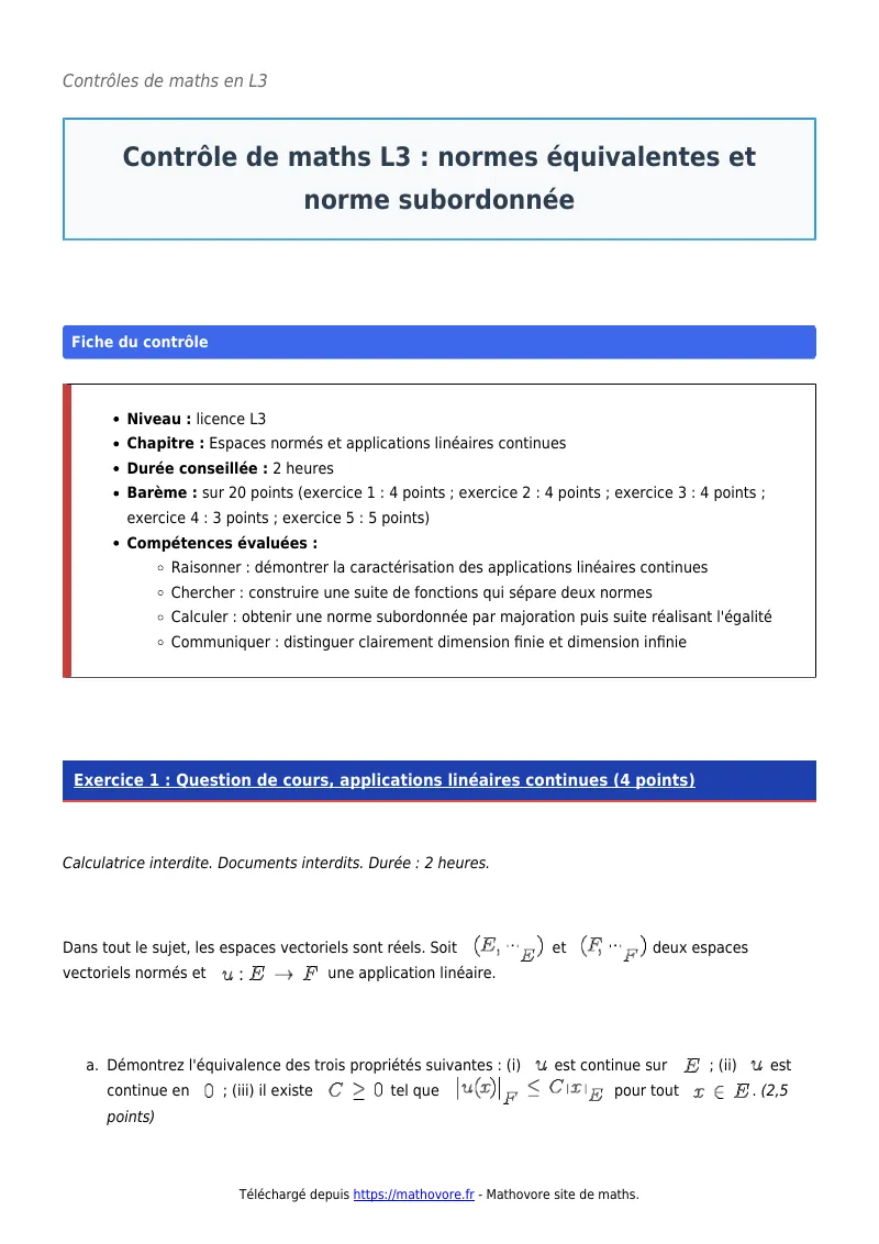 Contrôle de maths en L3 : Normes équivalentes et norme subordonnée à télécharger corrigé en PDF