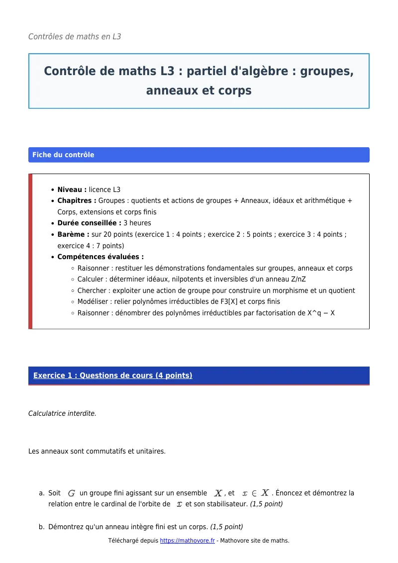Contrôle de maths en L3 : Partiel d’algèbre : groupes, anneaux et corps corrigé en PDF