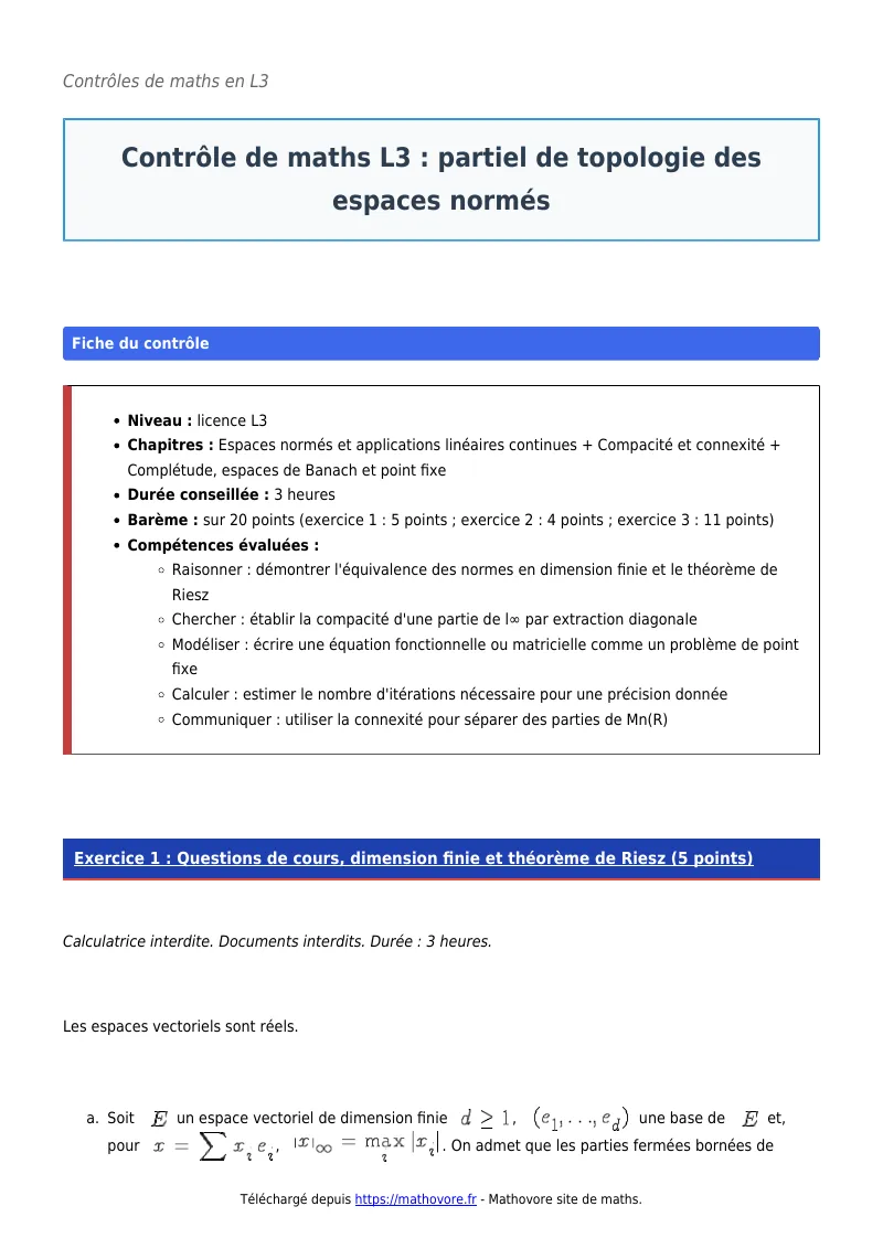 Contrôle de maths en L3 : Partiel de topologie des espaces normés à télécharger corrigé en PDF