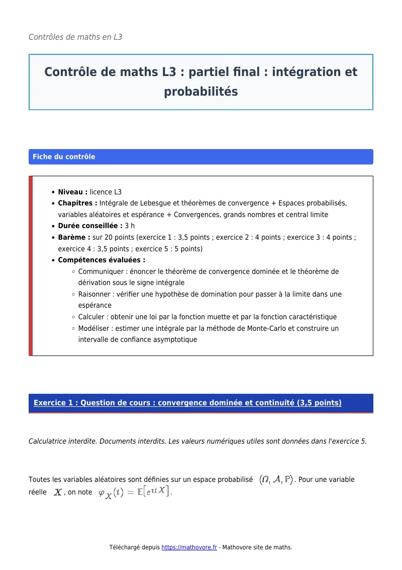 Contrôle de maths en L3 : Partiel final : intégration et probabilités corrigé en PDF