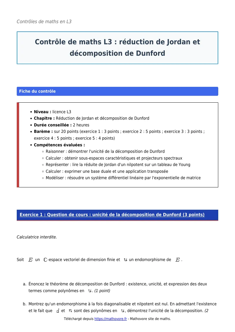 Contrôle de maths en L3 : Réduction de Jordan et décomposition de Dunford corrigé en PDF