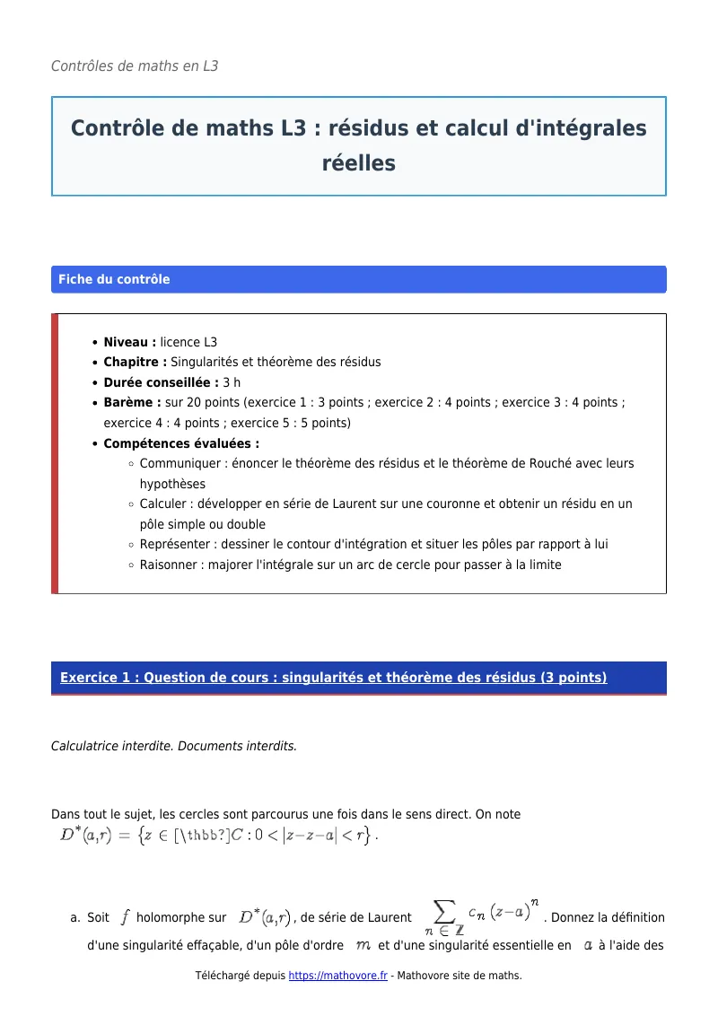 Contrôle de maths en L3 : Résidus et calcul d’intégrales réelles corrigé en PDF