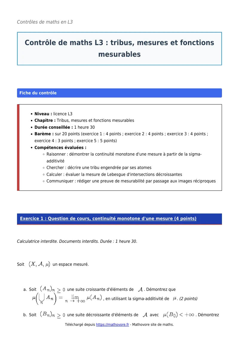 Contrôle de maths en L3 : Tribus, mesures et fonctions mesurables à télécharger corrigé en PDF