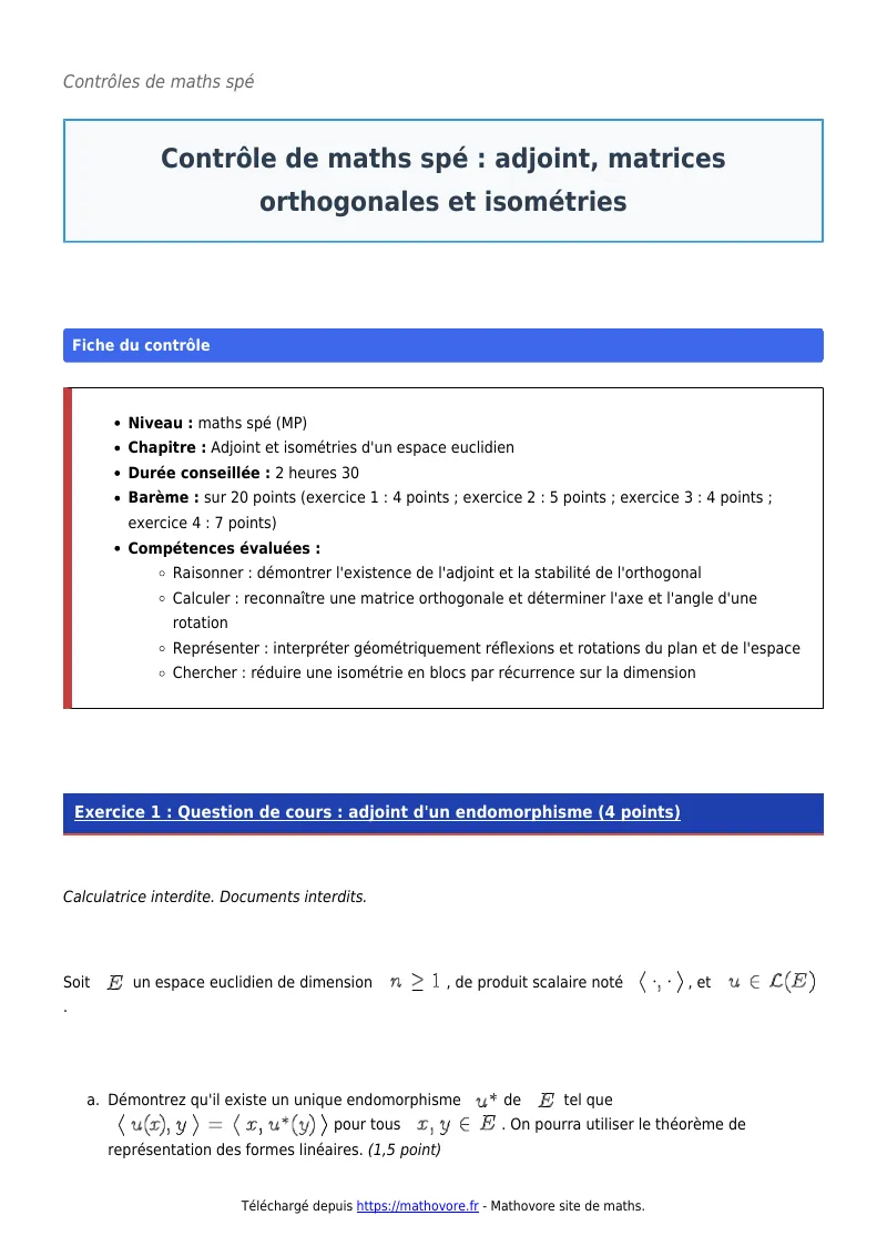 Contrôle de maths en maths spé : Adjoint, matrices orthogonales et isométries corrigé en PDF
