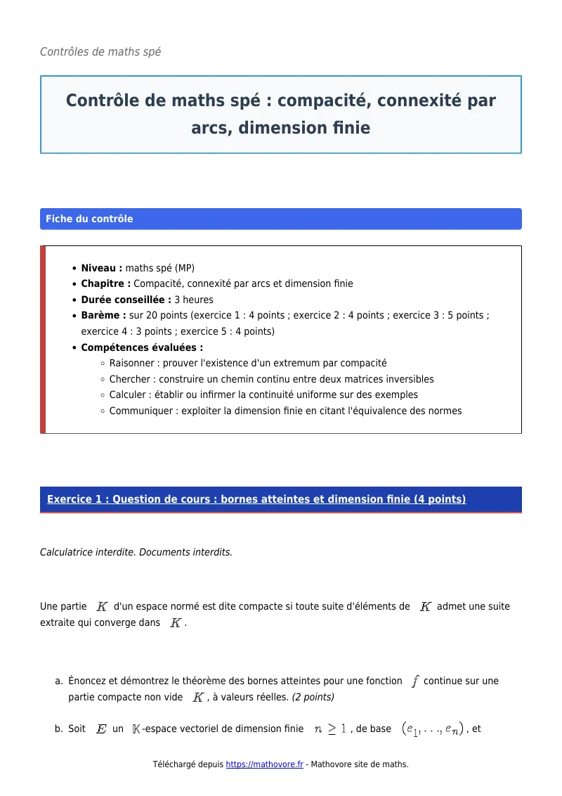 Contrôle de maths en maths spé : Compacité, connexité par arcs, dimension finie à télécharger corrigé en PDF