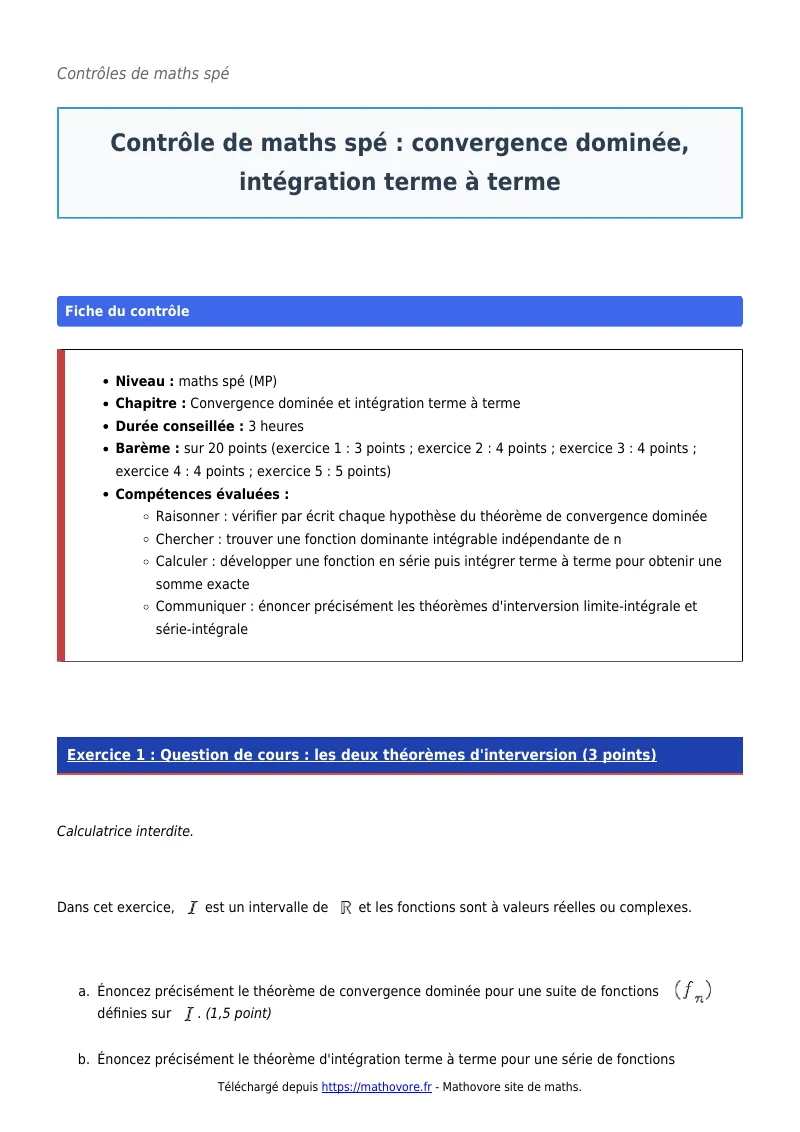 Contrôle de maths en maths spé : Convergence dominée, intégration terme à terme corrigé en PDF