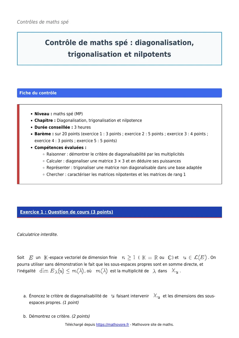 Contrôle de maths en maths spé : Diagonalisation, trigonalisation et nilpotents à télécharger corrigé en PDF