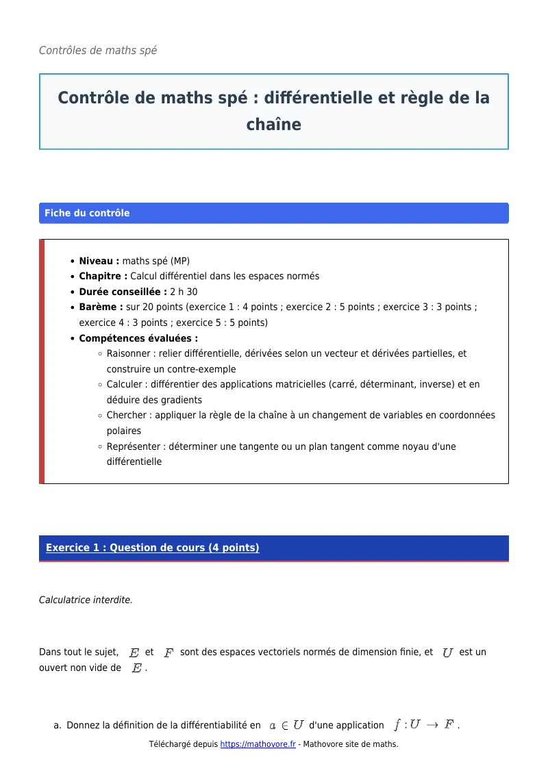 Contrôle de maths en maths spé : Différentielle et règle de la chaîne corrigé en PDF