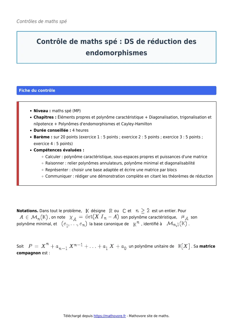 Contrôle de maths en maths spé : DS de réduction des endomorphismes corrigé en PDF