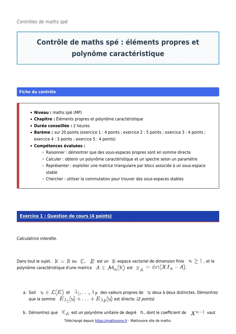 Contrôle de maths en maths spé : Éléments propres et polynôme caractéristique à télécharger corrigé en PDF