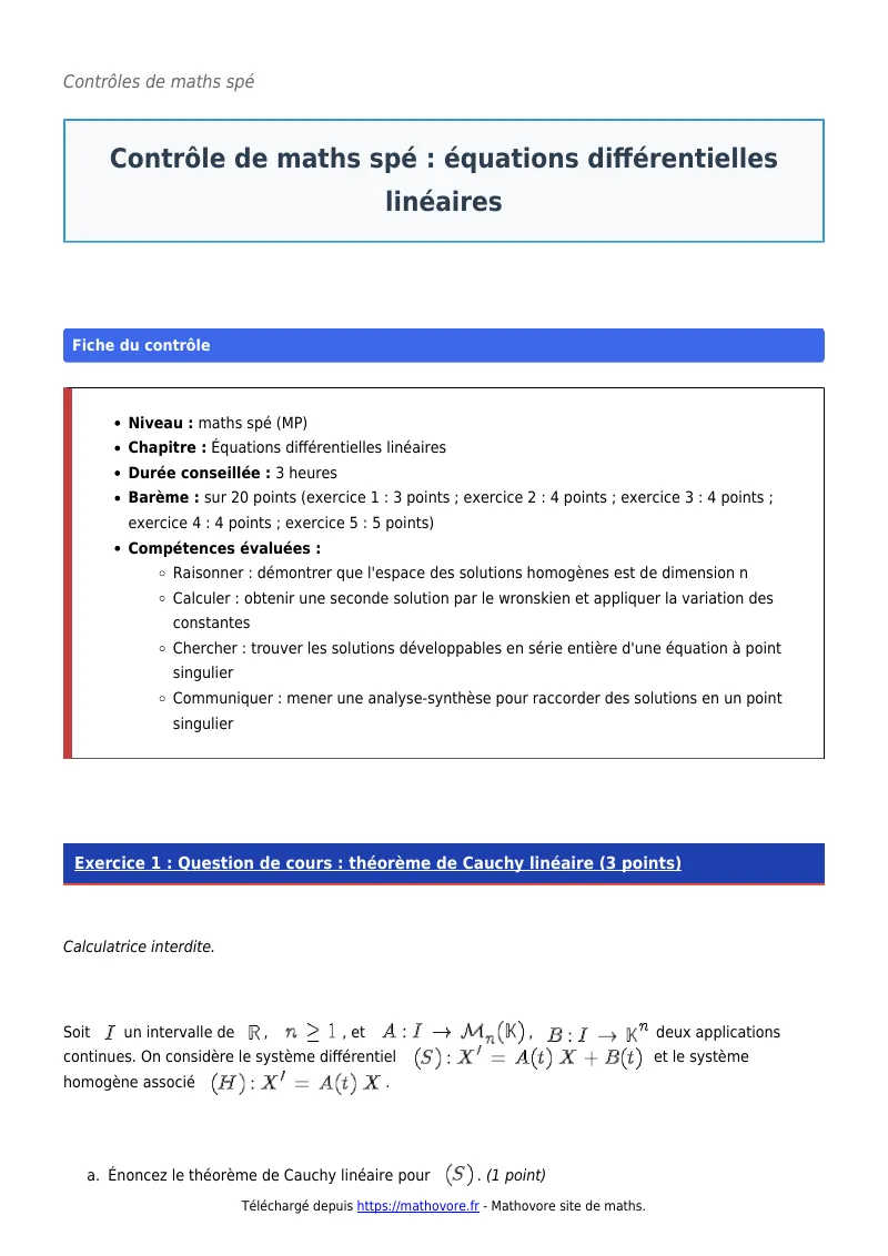 Contrôle de maths en maths spé : Équations différentielles linéaires corrigé en PDF