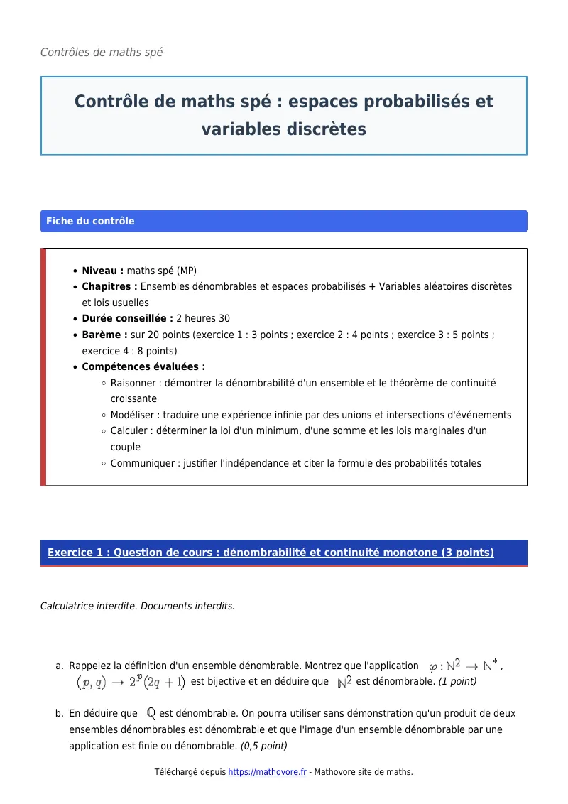 Contrôle de maths en maths spé : Espaces probabilisés et variables discrètes corrigé en PDF