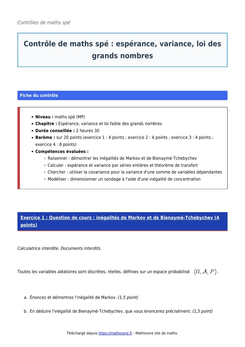 Contrôle de maths en maths spé : Espérance, variance, loi des grands nombres corrigé en PDF