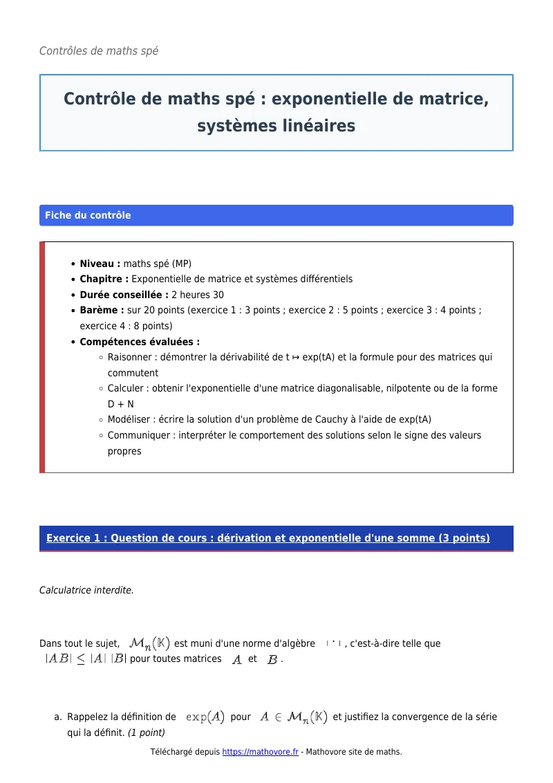 Contrôle de maths en maths spé : Exponentielle de matrice, systèmes linéaires corrigé en PDF