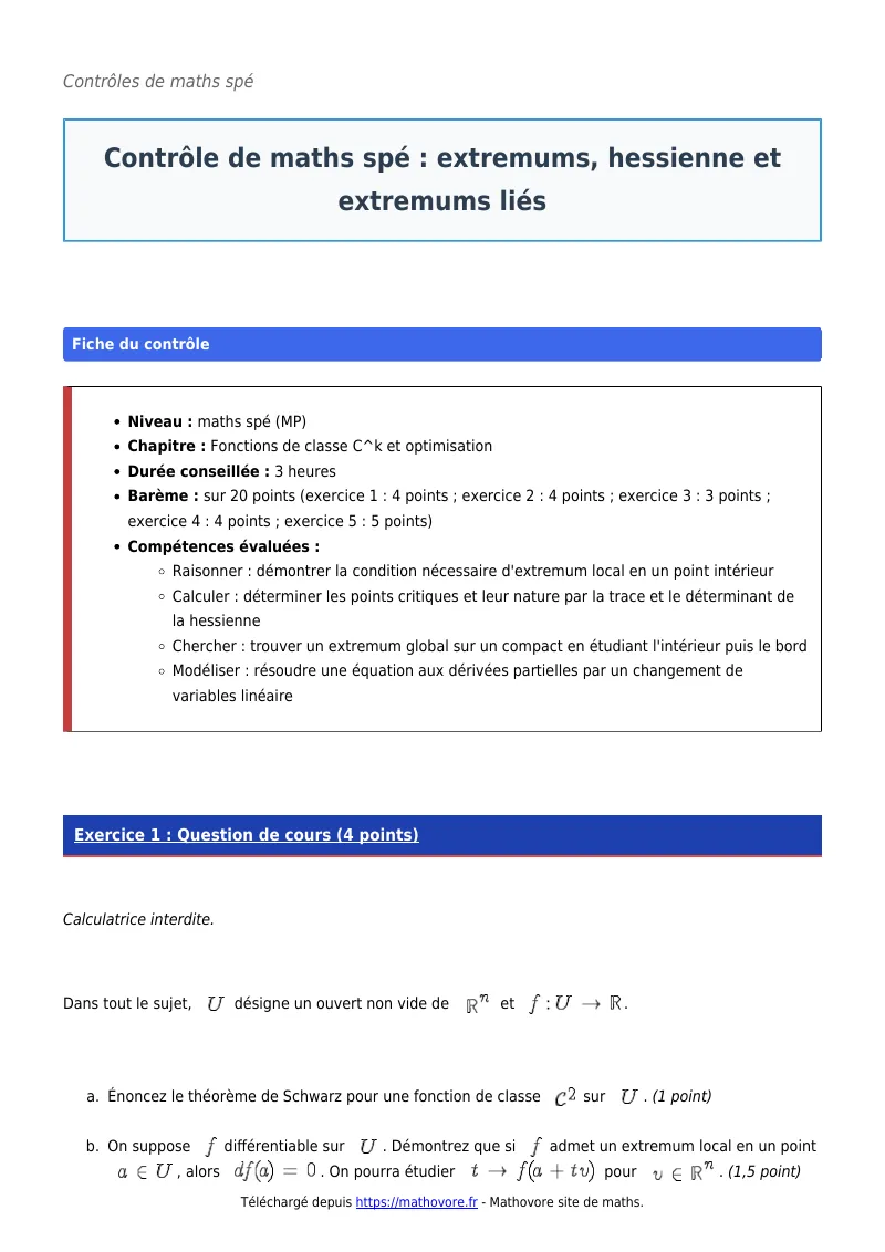 Contrôle de maths en maths spé : Extremums, hessienne et extremums liés corrigé en PDF