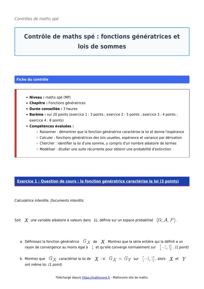 Contrôle de maths en maths spé : Fonctions génératrices et lois de sommes corrigé en PDF