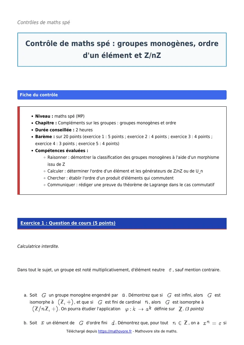 Contrôle de maths en maths spé : Groupes monogènes, ordre d’un élément et Z/nZ à télécharger corrigé en PDF