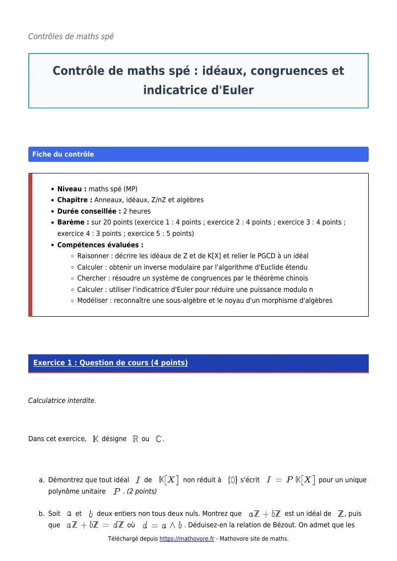 Contrôle de maths en maths spé : Idéaux, congruences et indicatrice d’Euler à télécharger corrigé en PDF