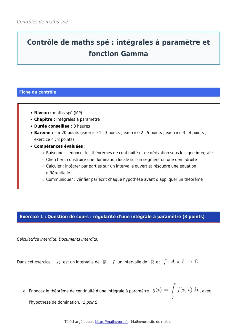 Contrôle de maths en maths spé : Intégrales à paramètre et fonction Gamma corrigé en PDF