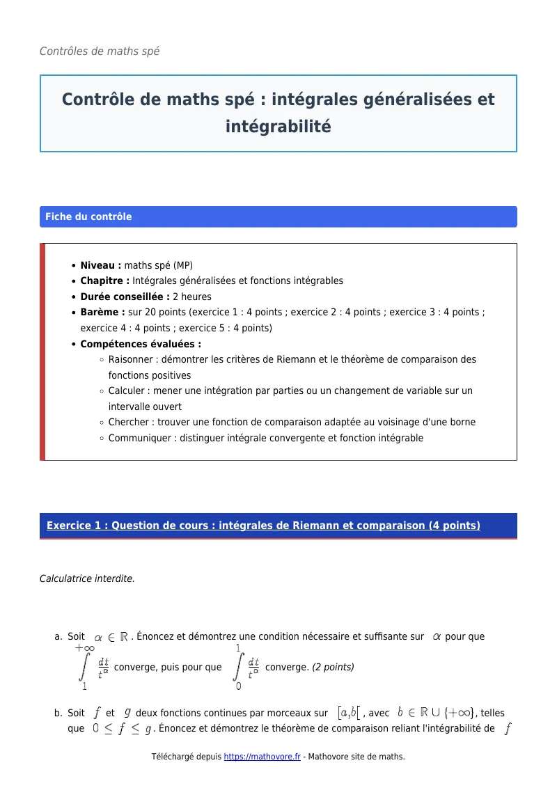 Contrôle de maths en maths spé : Intégrales généralisées et intégrabilité corrigé en PDF