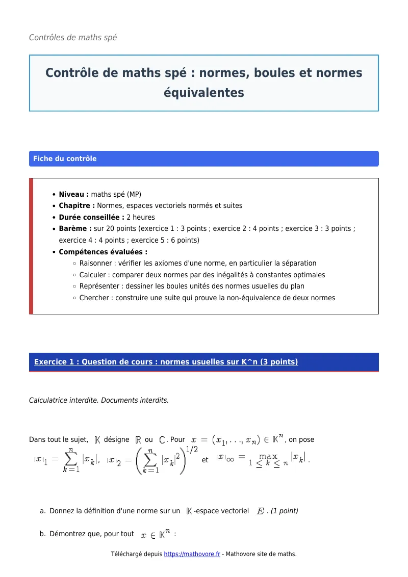 Contrôle de maths en maths spé : Normes, boules et normes équivalentes à télécharger corrigé en PDF