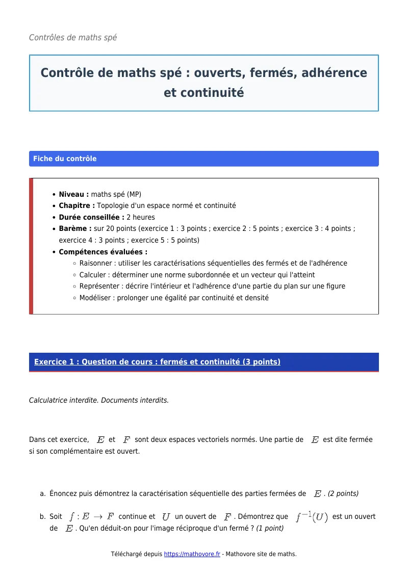 Contrôle de maths en maths spé : Ouverts, fermés, adhérence et continuité à télécharger corrigé en PDF