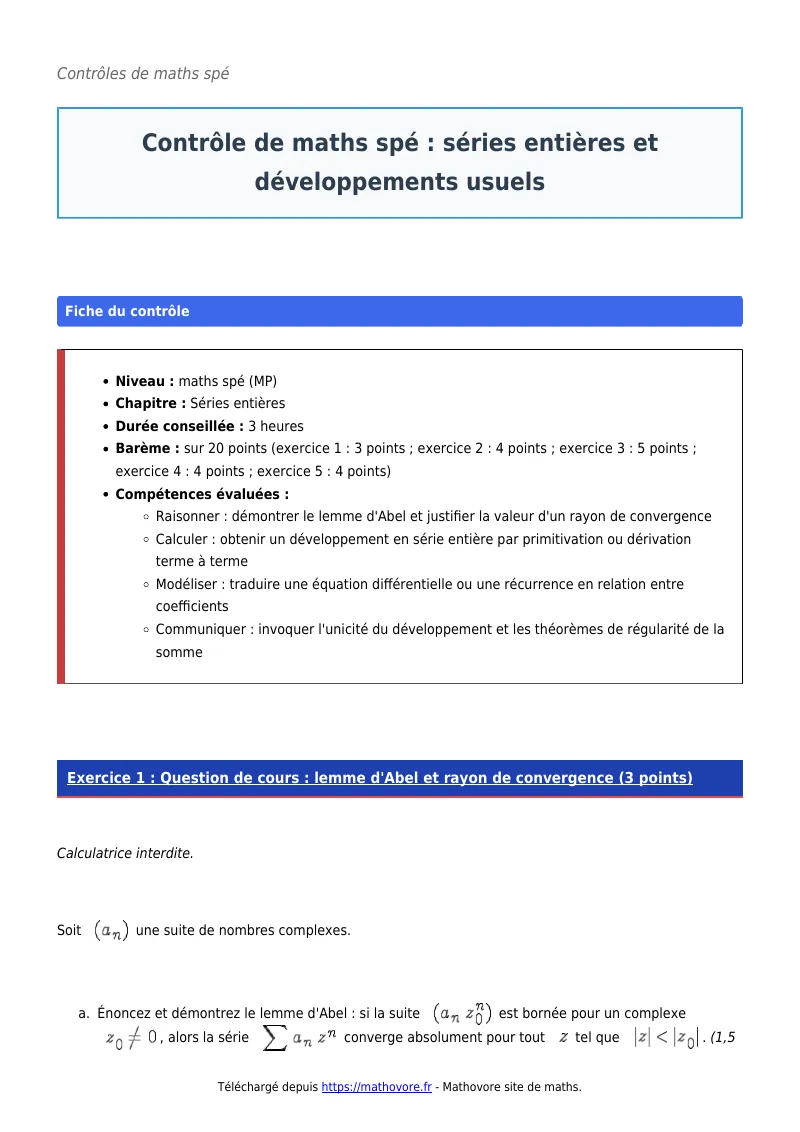 Contrôle de maths en maths spé : Séries entières et développements usuels à télécharger corrigé en PDF