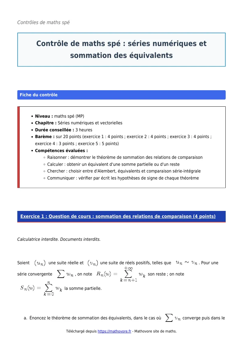 Contrôle de maths en maths spé : Séries numériques et sommation des équivalents à télécharger corrigé en PDF