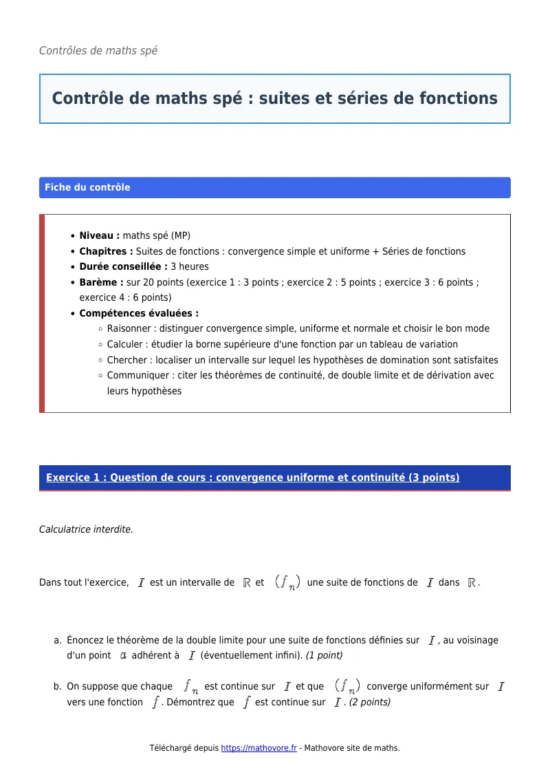 Contrôle de maths en maths spé : Suites et séries de fonctions à télécharger corrigé en PDF