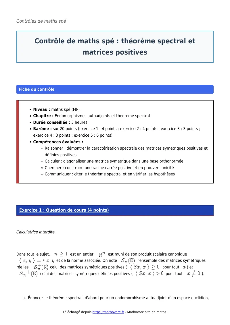 Contrôle de maths en maths spé : Théorème spectral et matrices positives corrigé en PDF