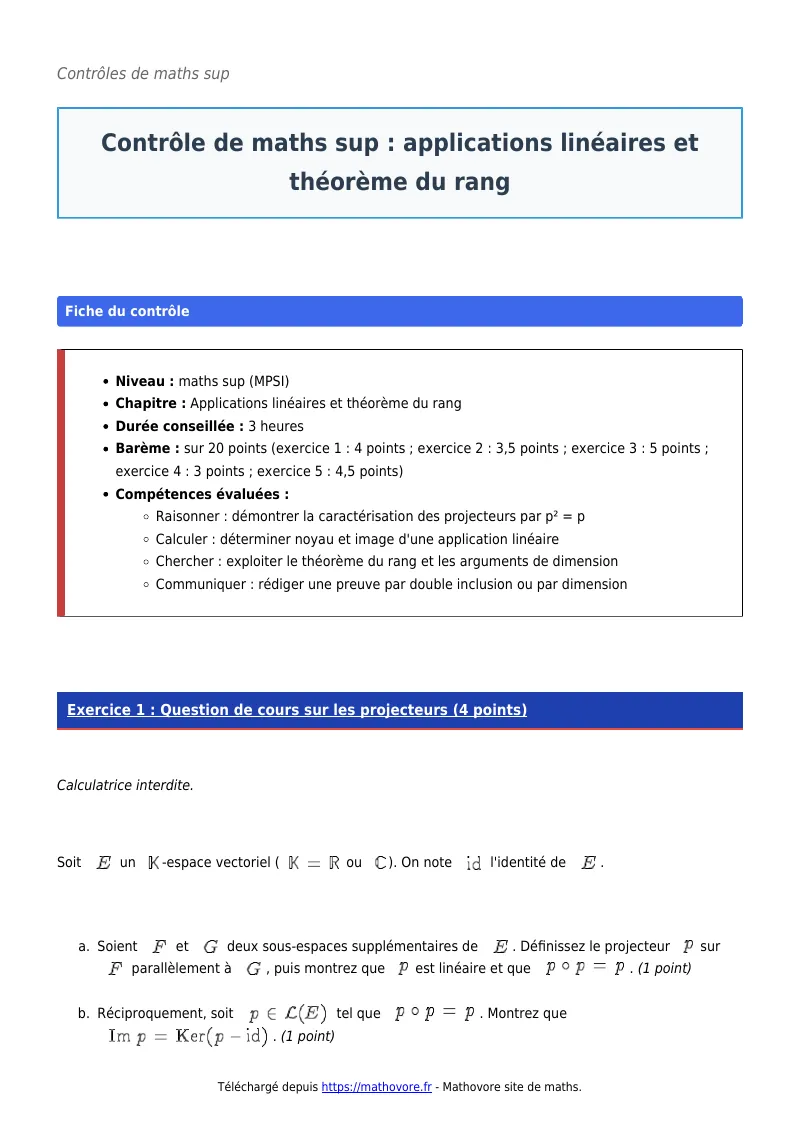 Contrôle de maths en maths sup : Applications linéaires et théorème du rang corrigé en PDF