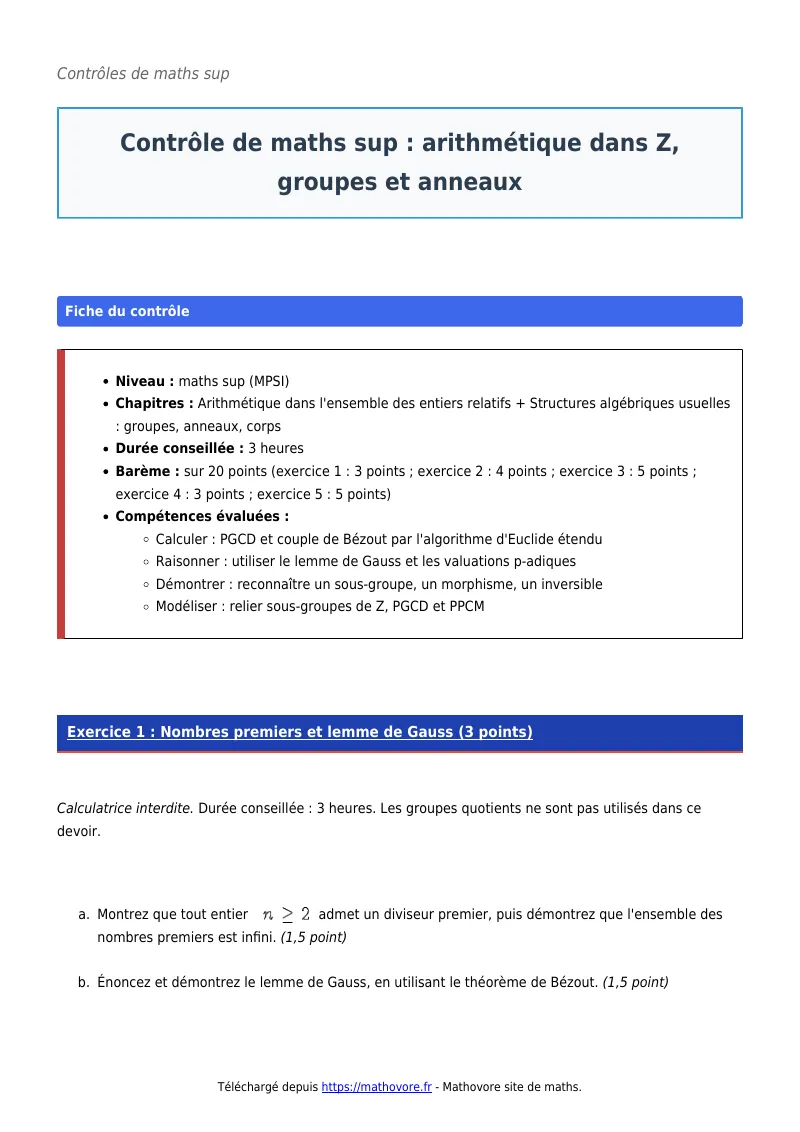 Contrôle de maths en maths sup : Arithmétique dans Z, groupes et anneaux corrigé en PDF