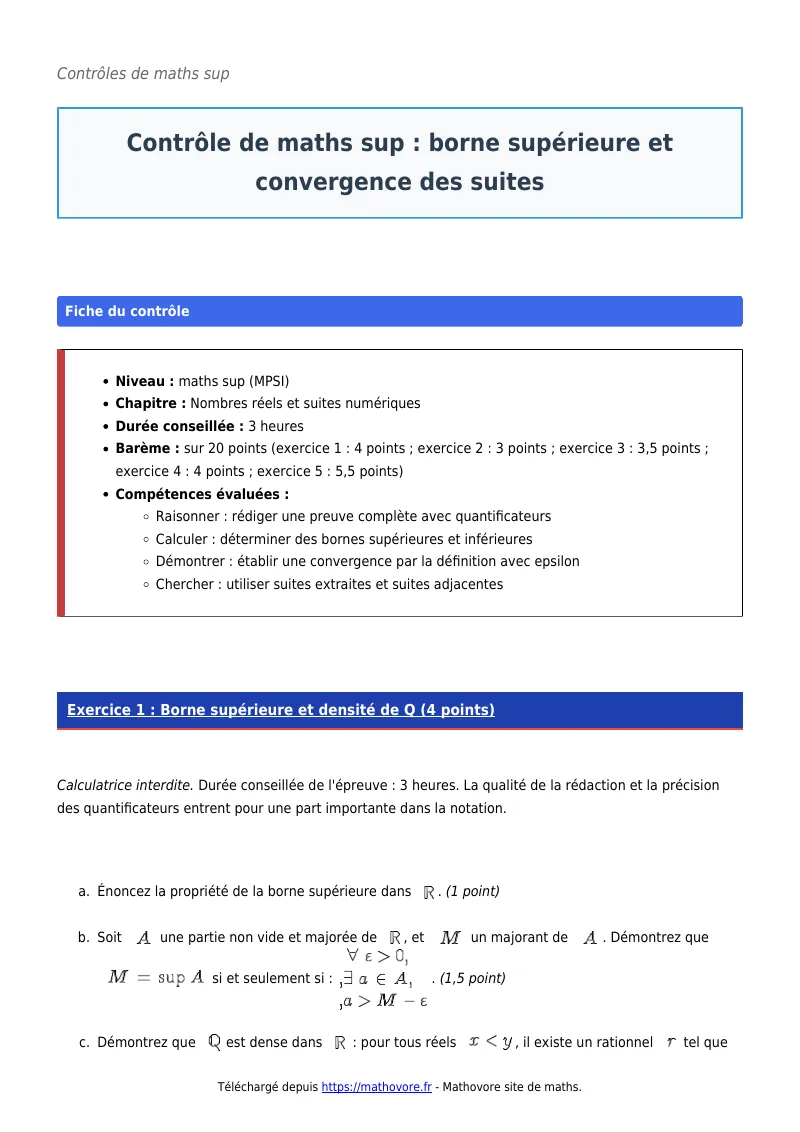 Contrôle de maths en maths sup : Borne supérieure et convergence des suites corrigé en PDF