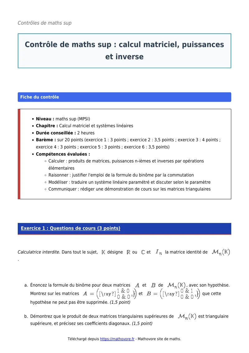 Contrôle de maths en maths sup : Calcul matriciel, puissances et inverse corrigé en PDF