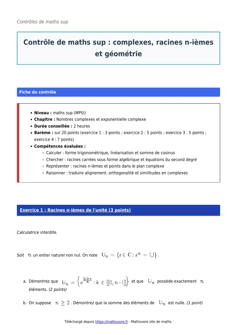 Contrôle de maths en maths sup : Complexes, racines n-ièmes et géométrie corrigé en PDF