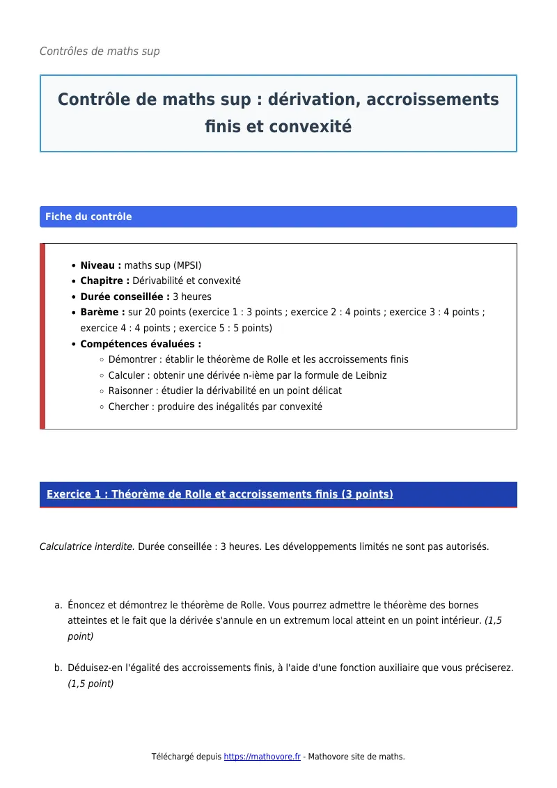 Contrôle de maths en maths sup : Dérivation, accroissements finis et convexité corrigé en PDF