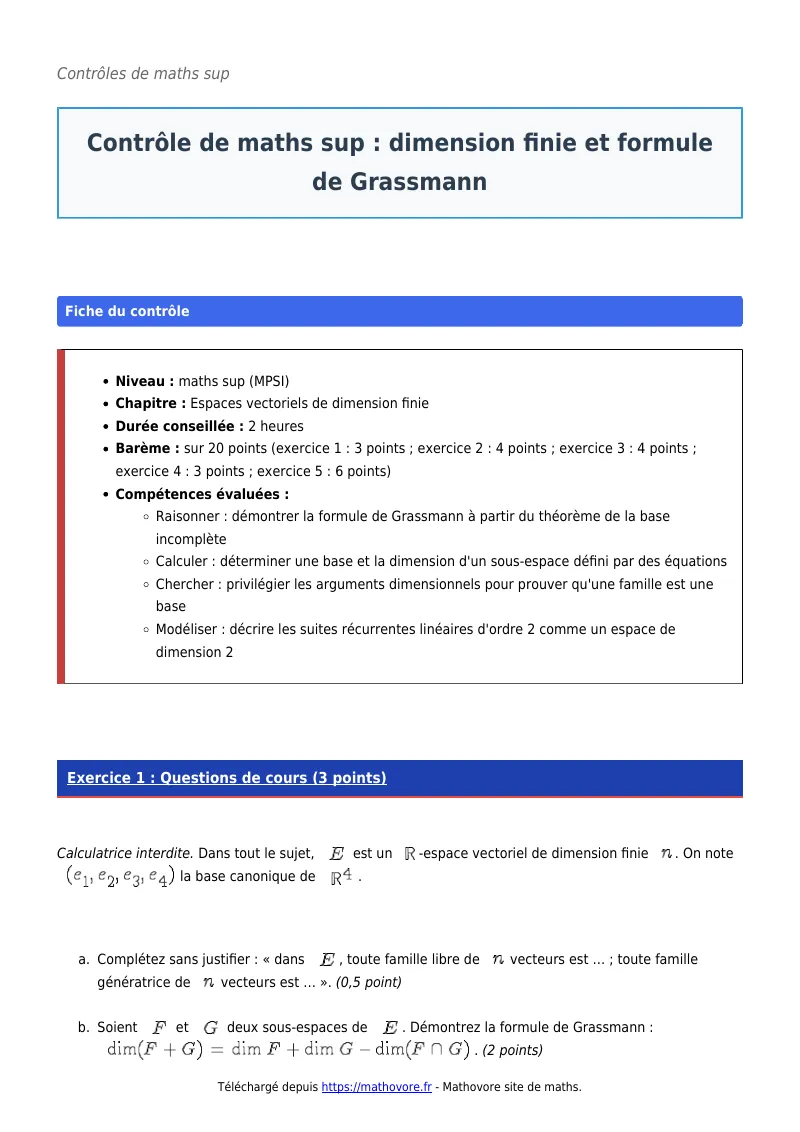Contrôle de maths en maths sup : Dimension finie et formule de Grassmann corrigé en PDF