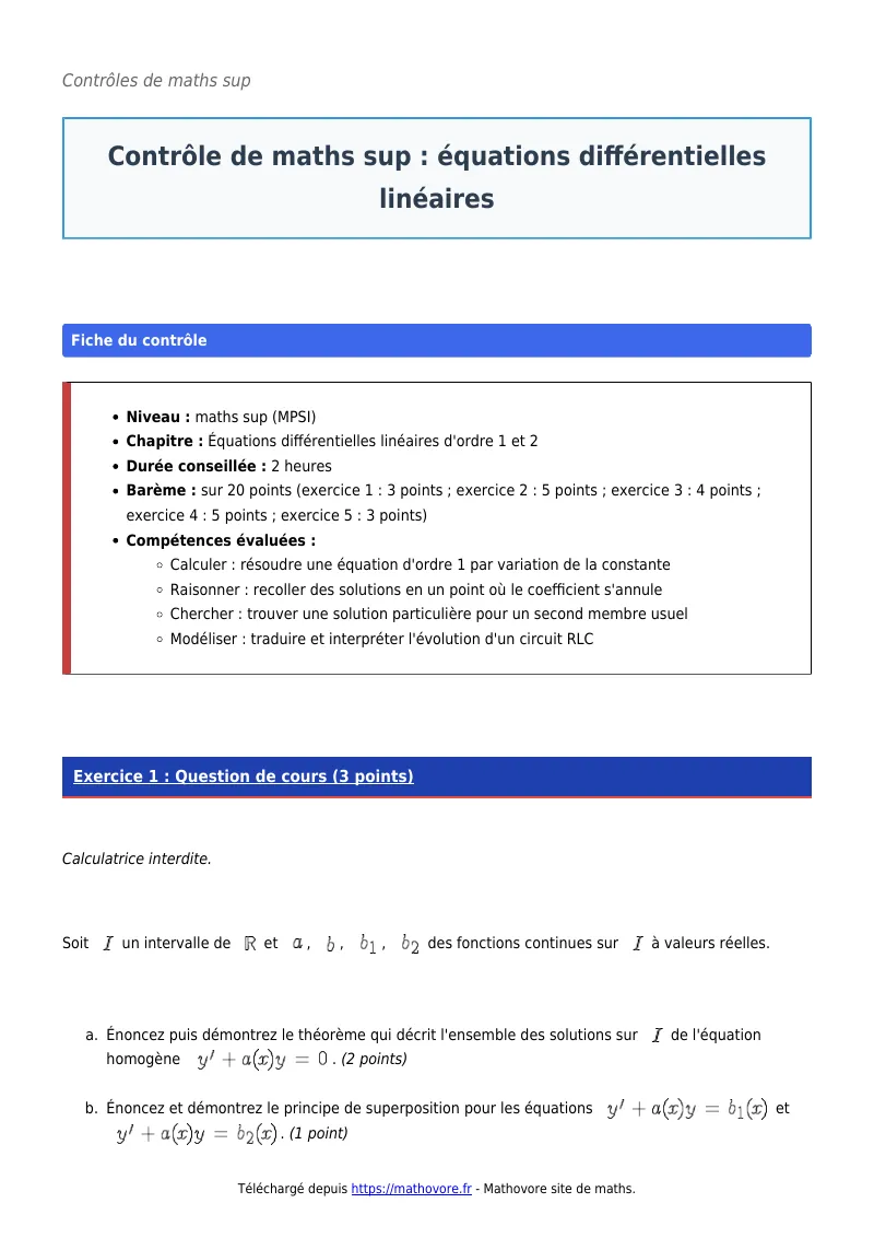 Contrôle de maths en maths sup : Équations différentielles linéaires corrigé en PDF