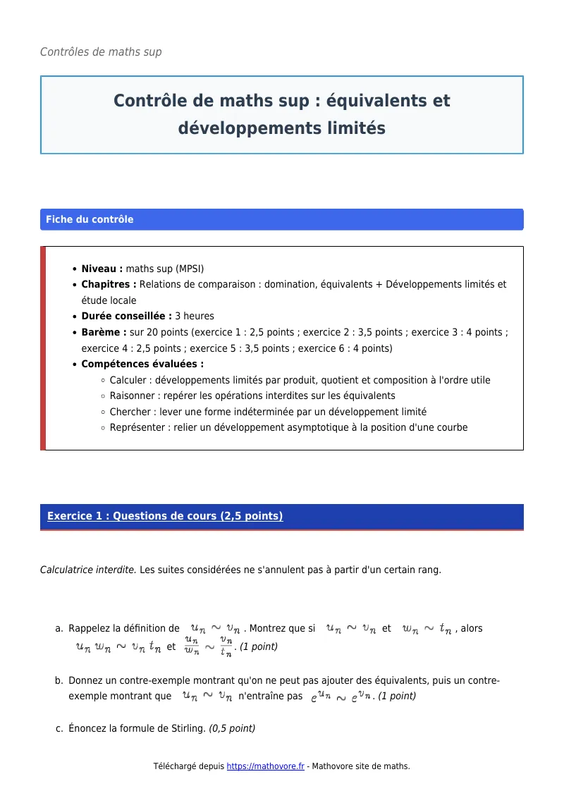 Contrôle de maths en maths sup : Équivalents et développements limités corrigé en PDF