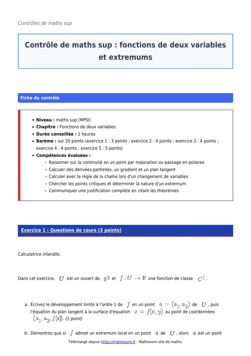 Contrôle de maths en maths sup : Fonctions de deux variables et extremums corrigé en PDF